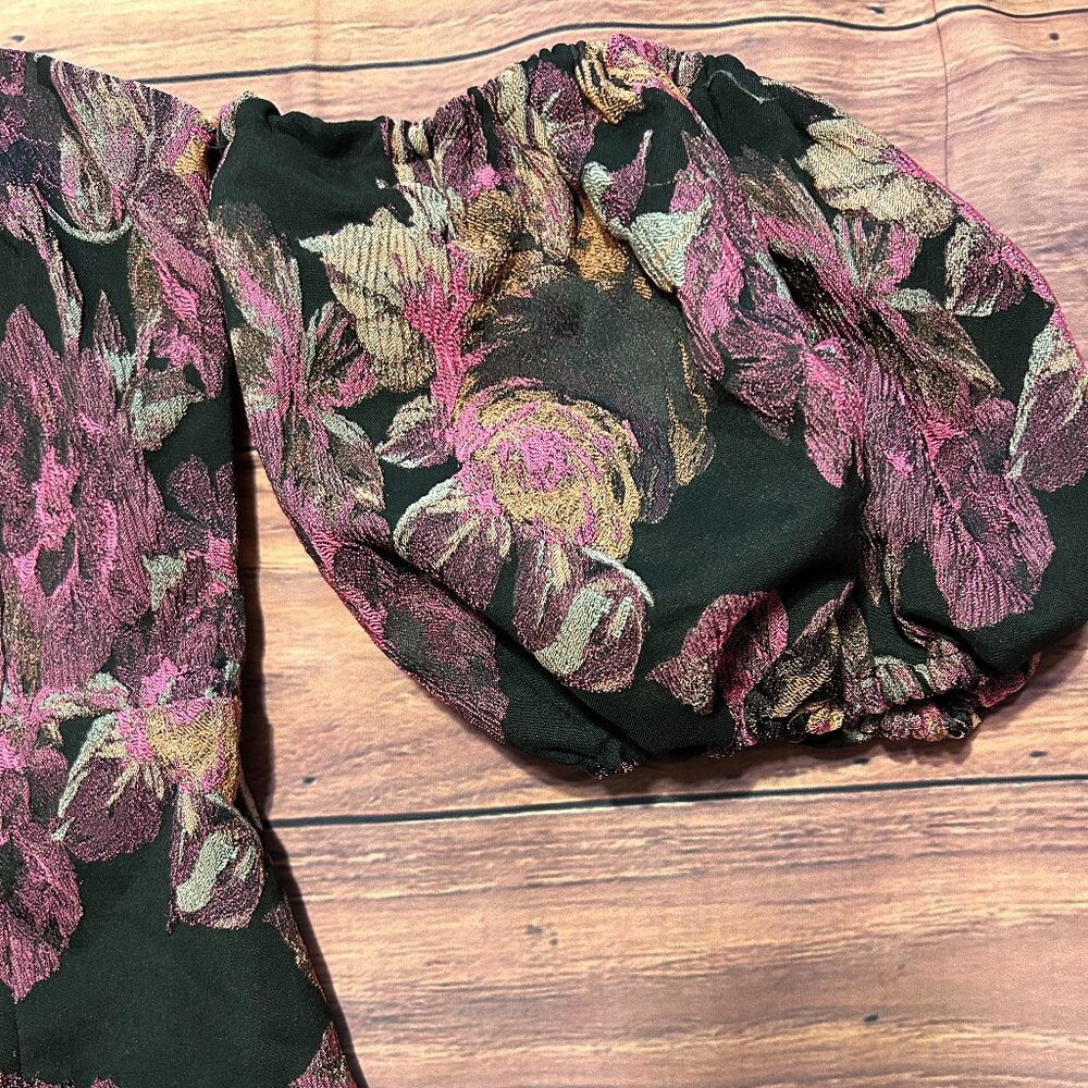 Lulus Off-the-Shoulder Floral Brocade Mini Dress - Black & Pink - Size S - Picture 9 of 16
